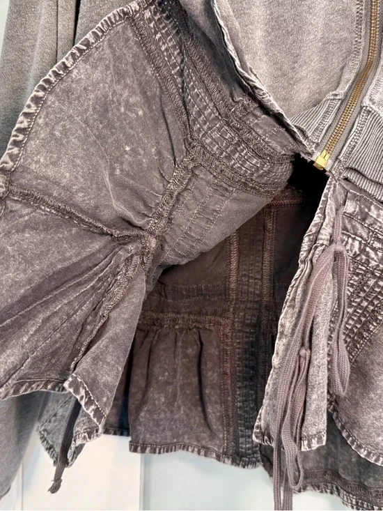 Free People When Worlds Meet Hoodie Large Gray Black Distressed Zip Sweatshirt - Picture 9 of 15